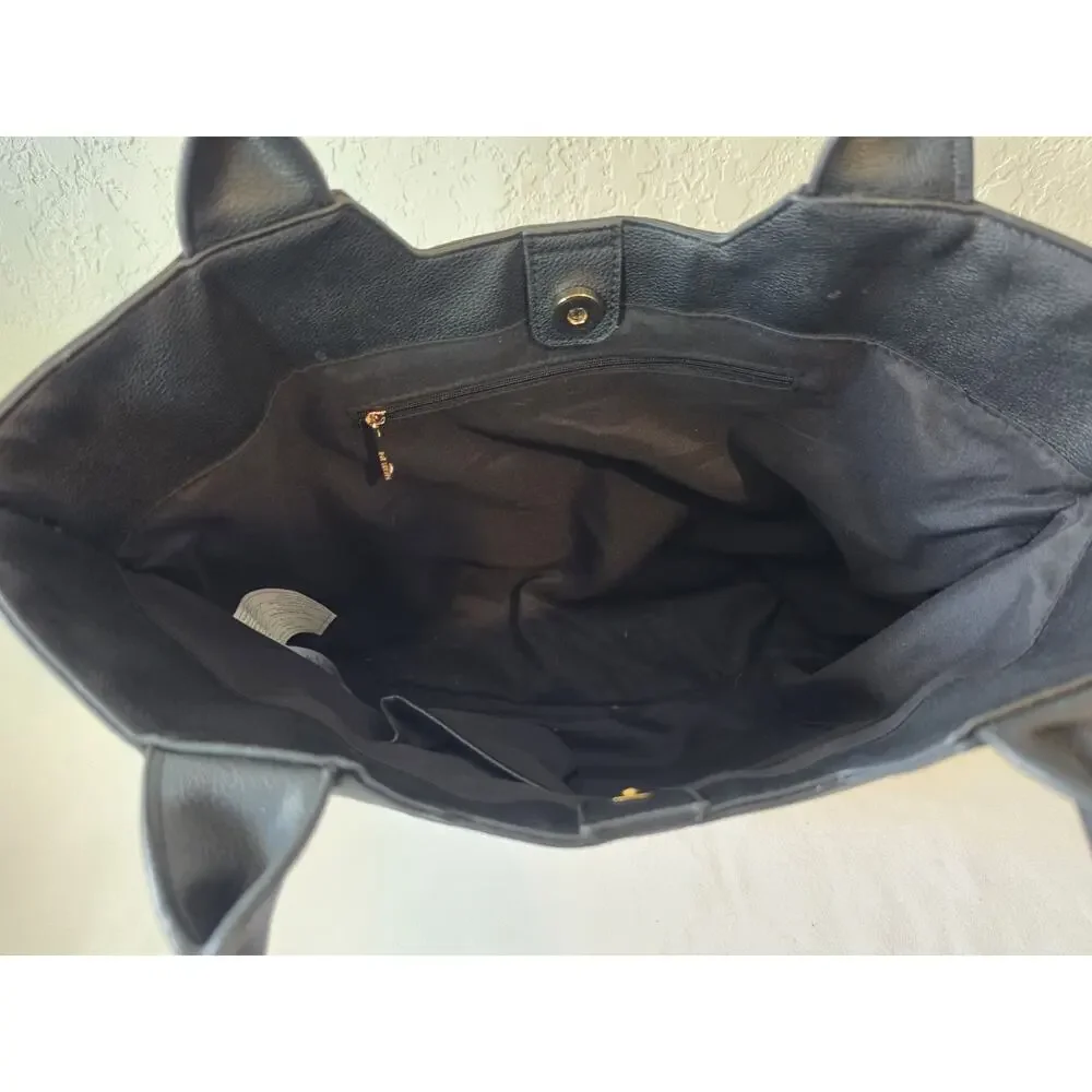 Rachel Zoe Capri Canvas Tote Bag Beige Black Linen Vegan Leather Shoulder Purse